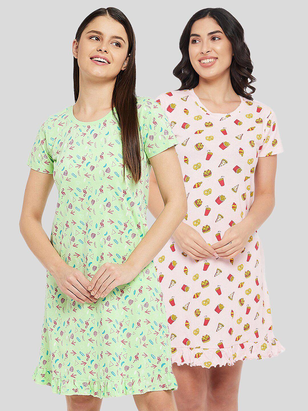 clovia women pack of 2 green printed cotton t-shirt nightdress