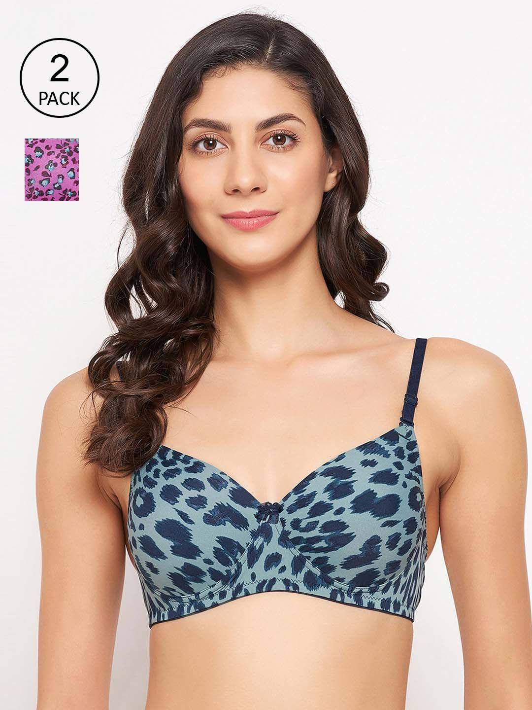 clovia women pack of 2 pink & blue animal printed lightly padded bra