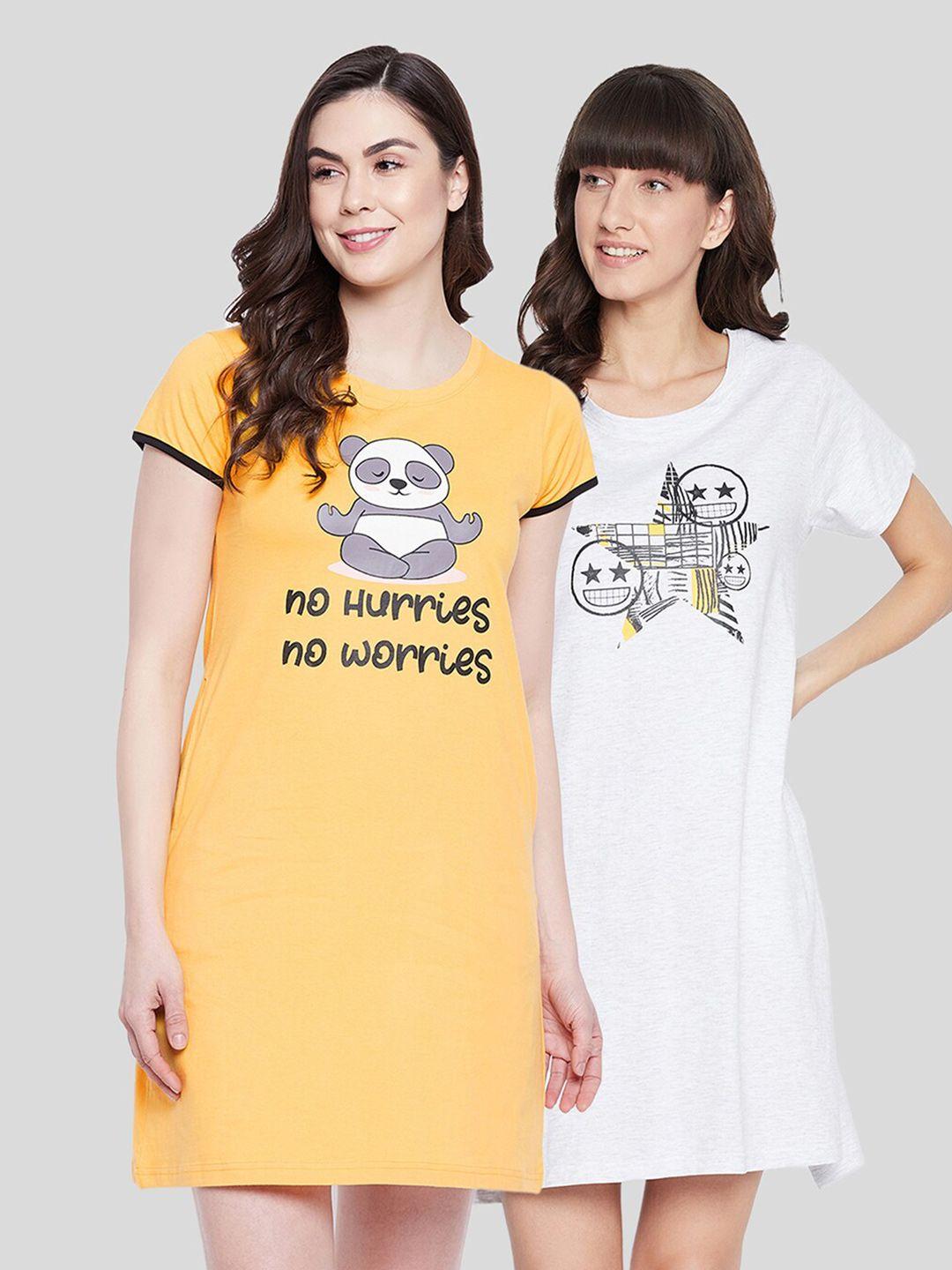 clovia women pack of 2 white & yellow printed cotton tshirt nightdress