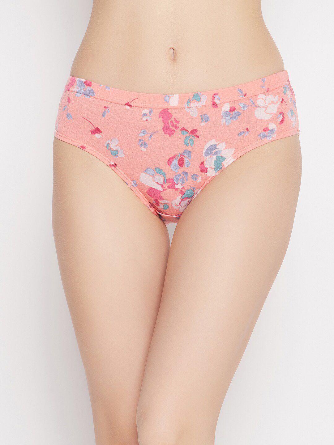 clovia women peach-coloured & blue floral printed cotton hipster briefs