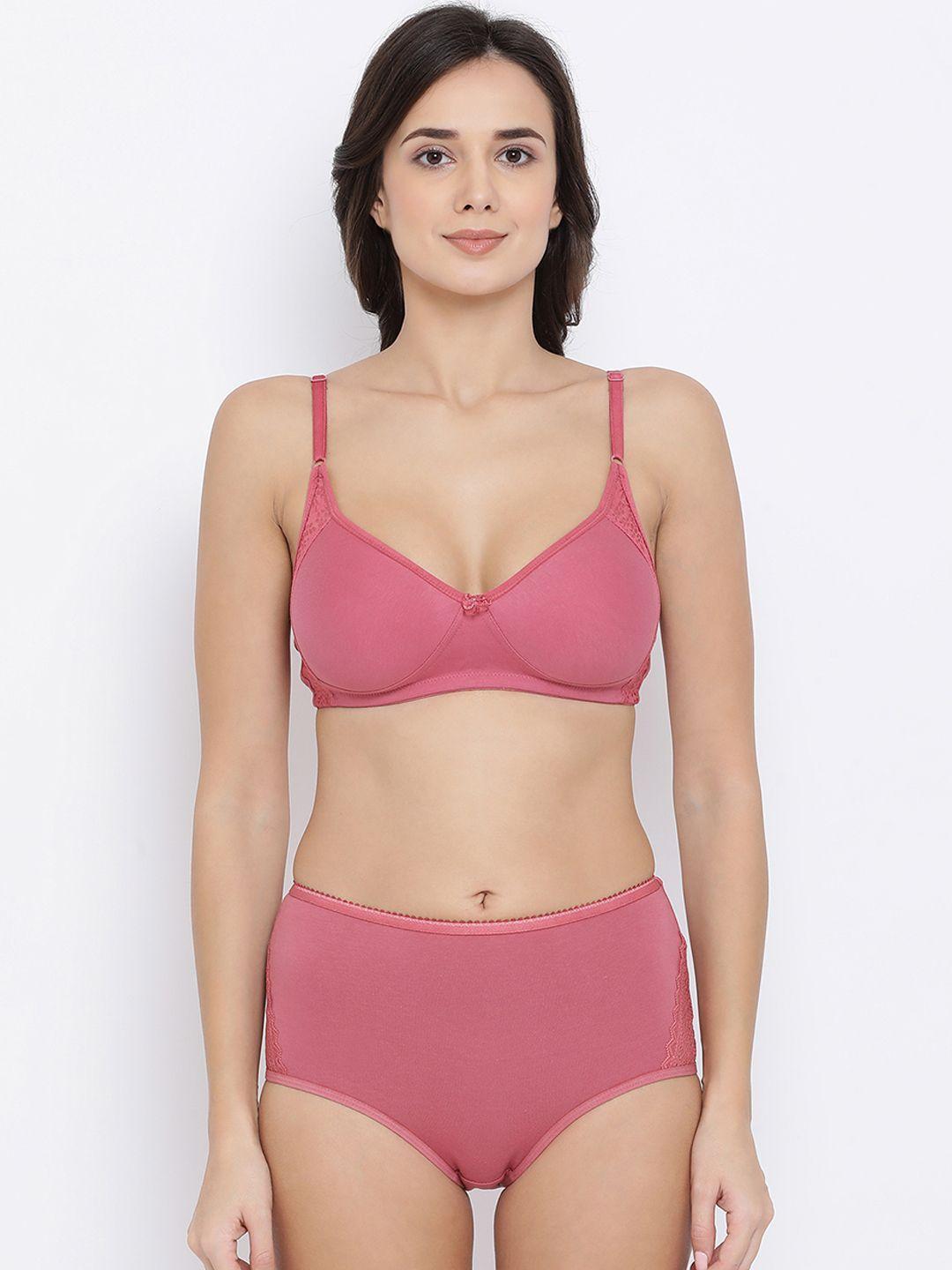 clovia women pink solid lingerie set combp1032