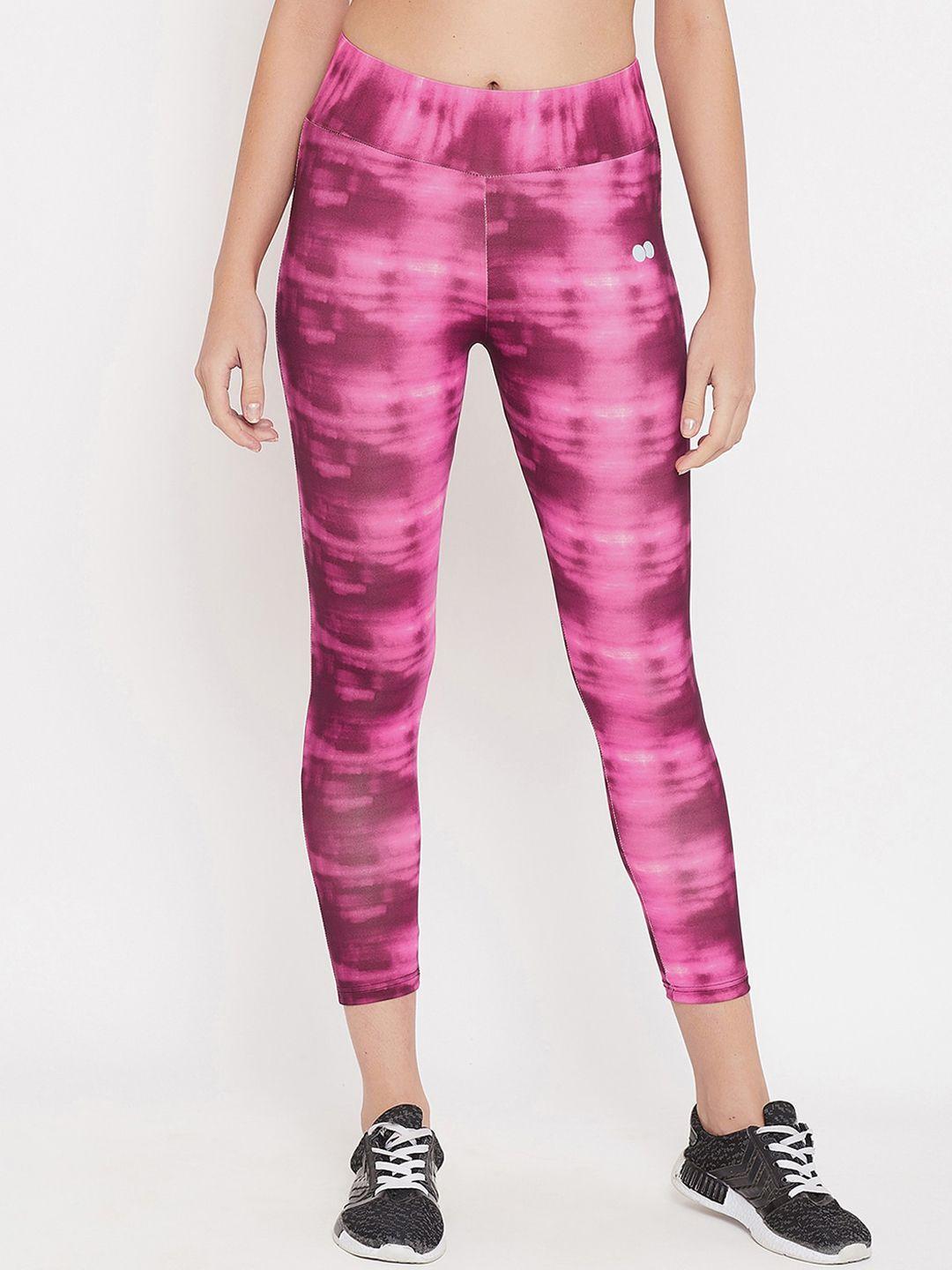 clovia women pink tie & dye printed activewear ankle-length sports tights