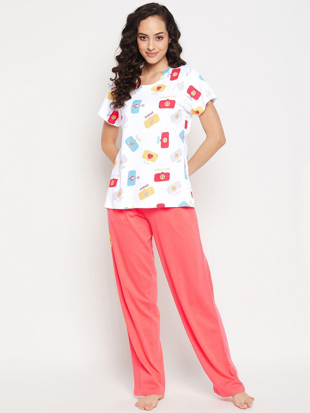 clovia women printed t-shirt & basic pyjama set night suit