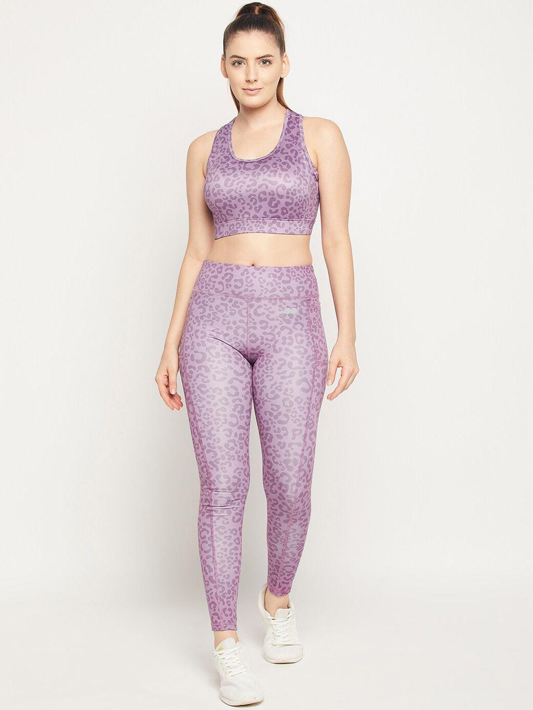 clovia women purple printed padded sports bra & high-rise tracksuits