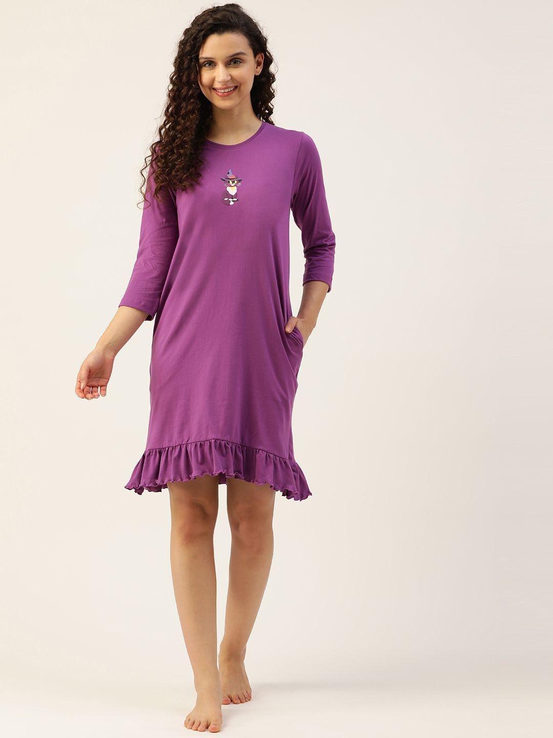 clovia women purple pure cotton printed nightdress