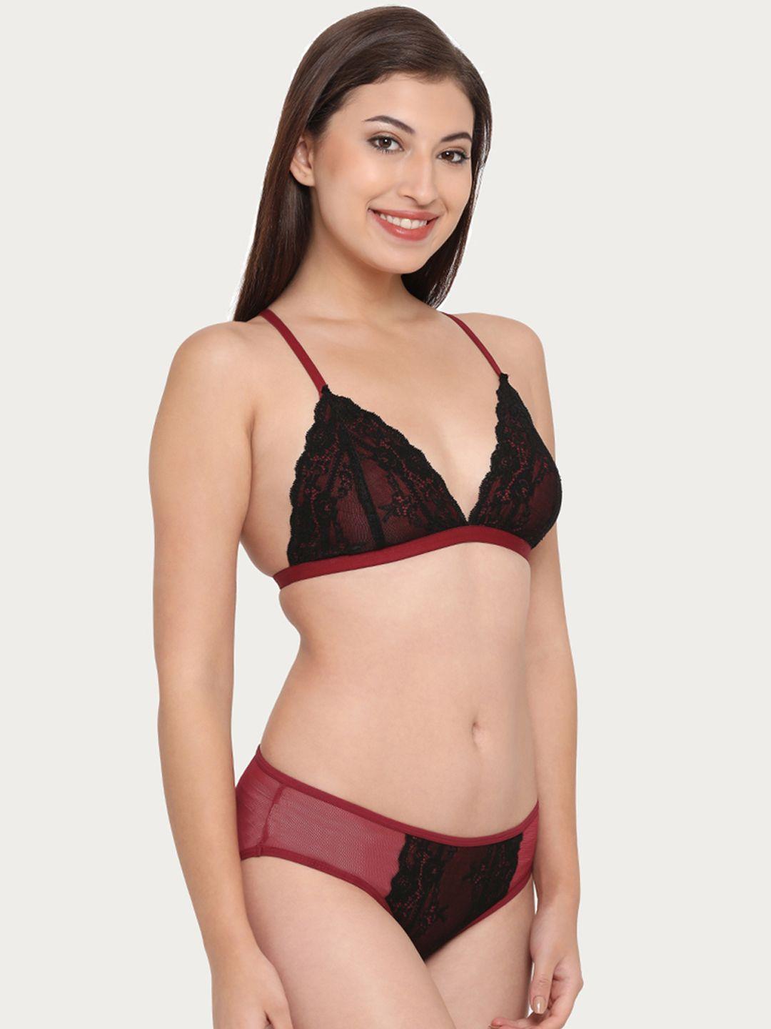 clovia women red & black lace lingerie set bp1477p0440c