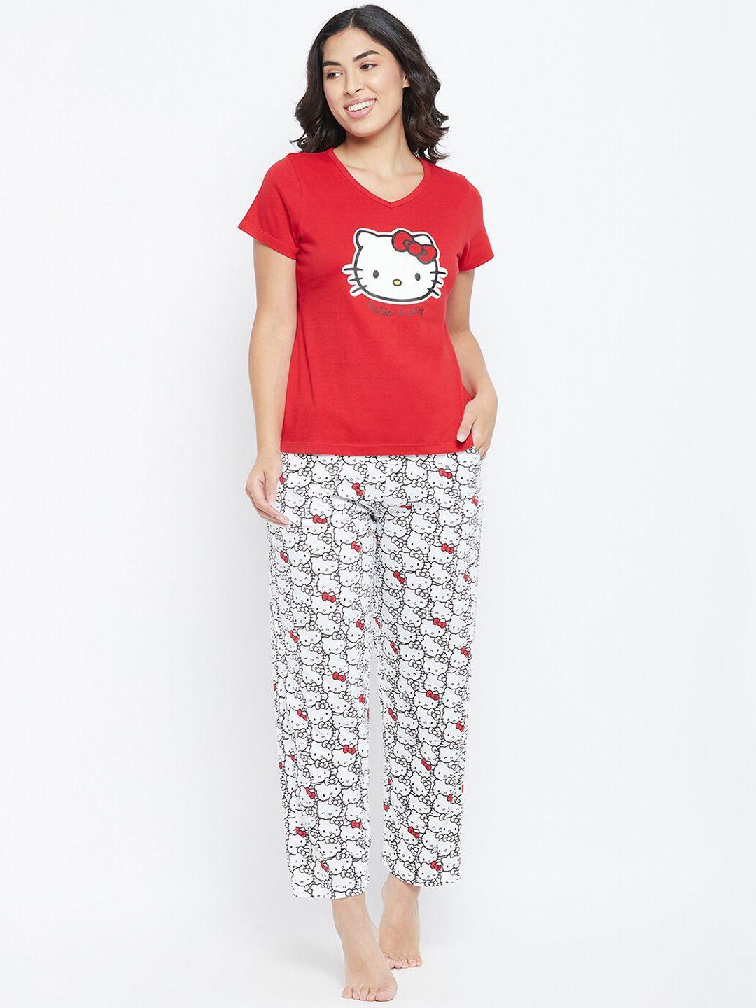 clovia women red & white hello kitty printed top & pyjama set
