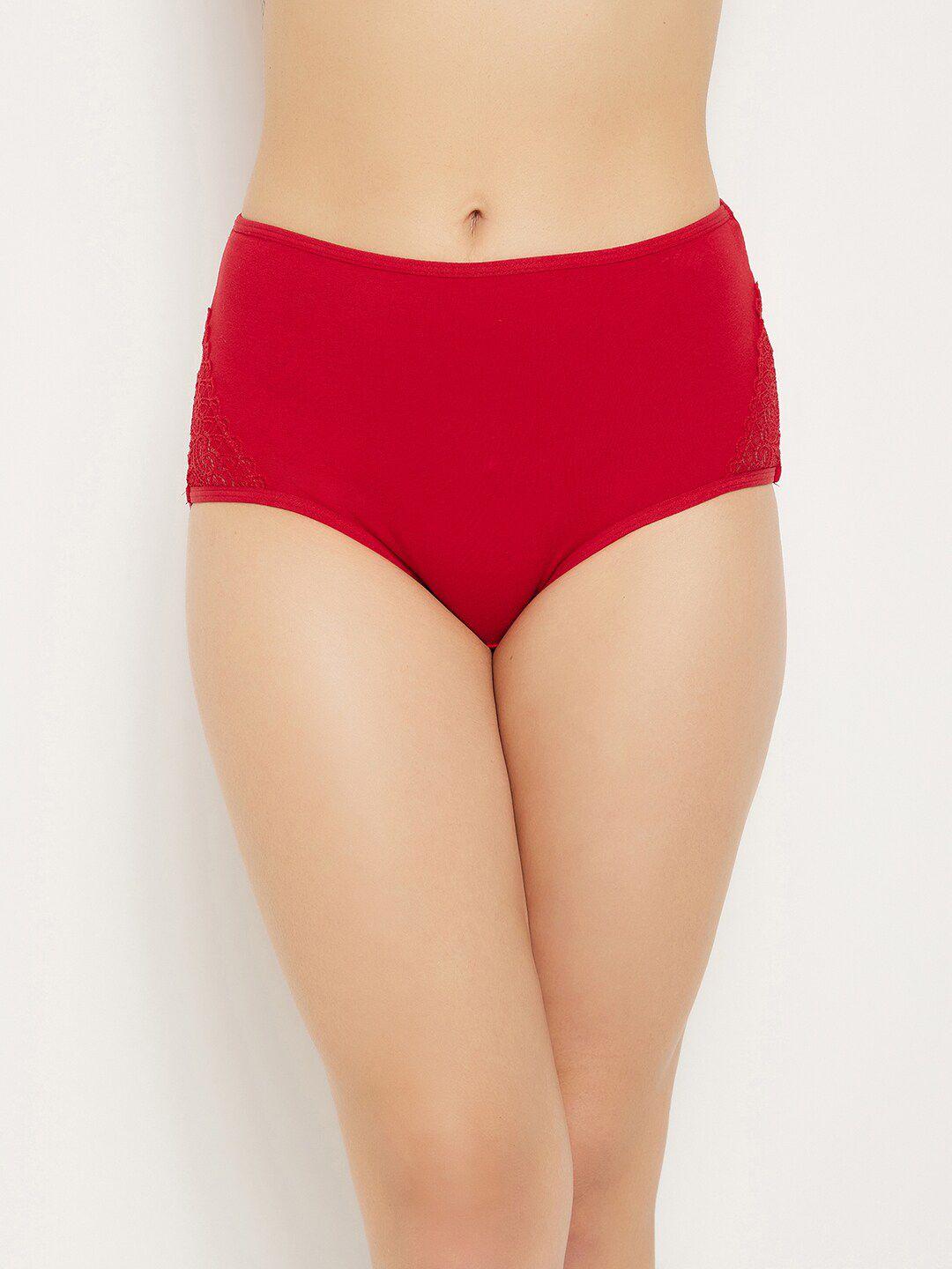 clovia women red solid cotton lace hipster briefs