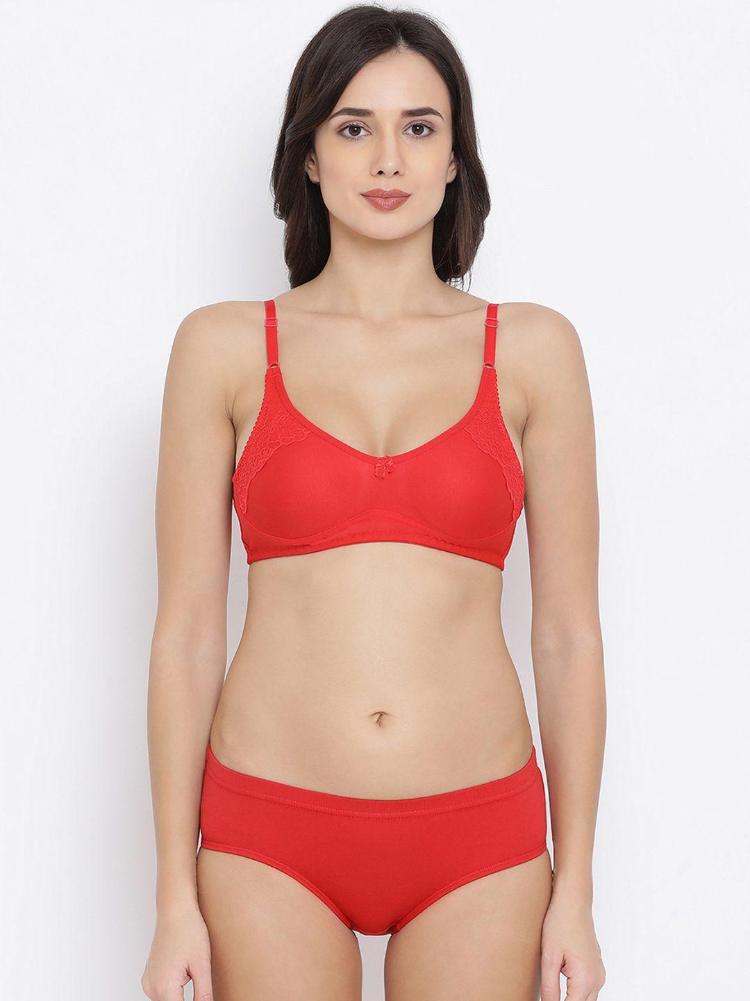clovia women red solid lingerie set combbp74432b