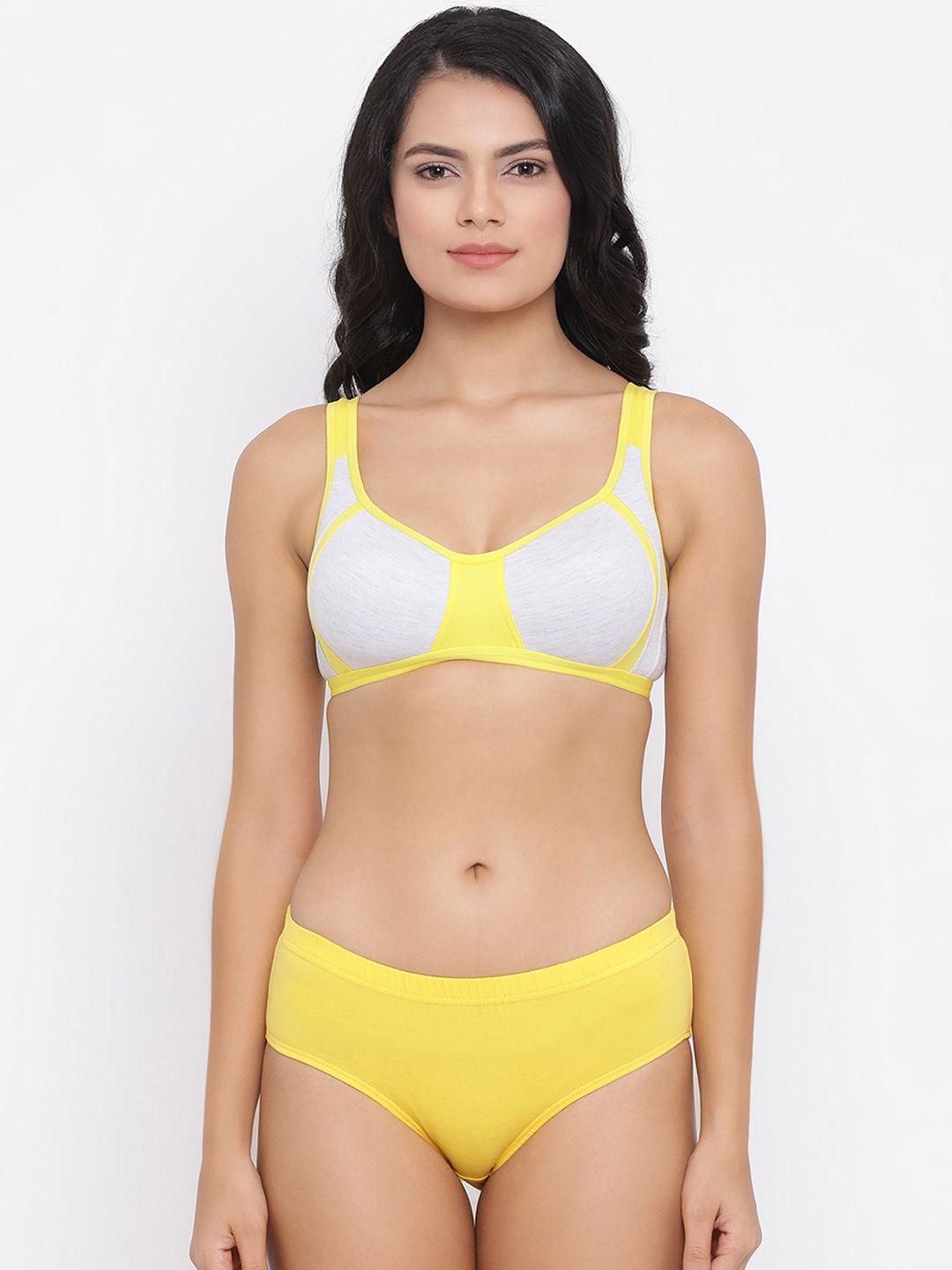 clovia women yellow & grey colourblocked lingerie set combbp71532b