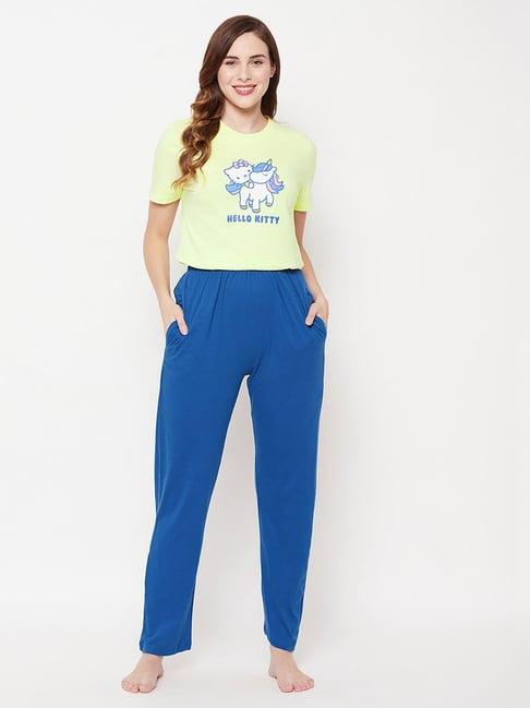 clovia yellow & blue printed t-shirt with pyjamas