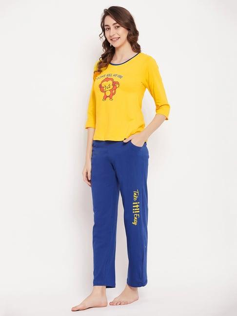clovia yellow & blue printed top & pyjama set