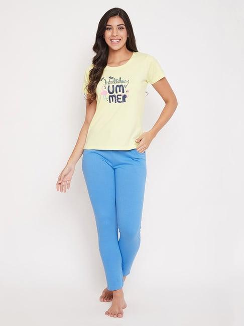 clovia yellow & blue printed top with pyjama set