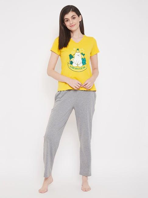 clovia yellow & grey graphic print top & pyjama set