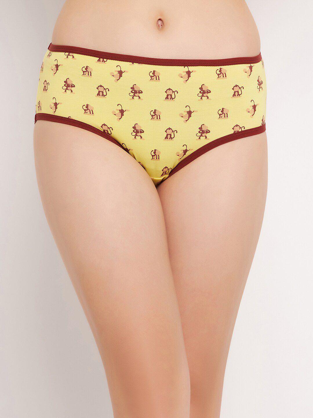 clovia yellow & maroon conversational printed mid-rise pure cotton hipster briefs