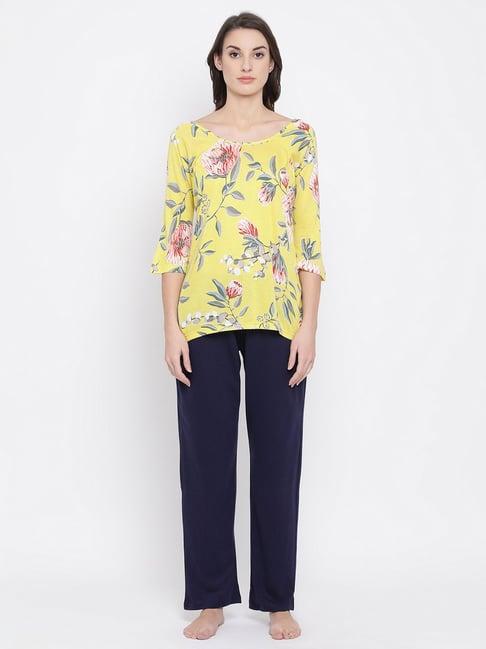 clovia yellow & navy cotton floral print top with pyjamas