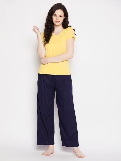 clovia yellow & navy cotton t-shirt with wide leg pyjamas