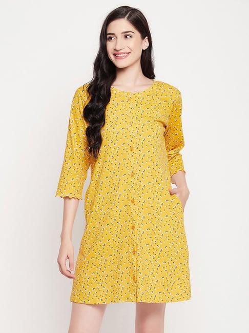 clovia yellow cotton floral print night dress