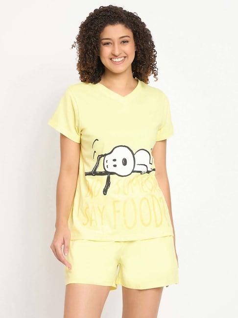 clovia yellow cotton printed top & shorts set