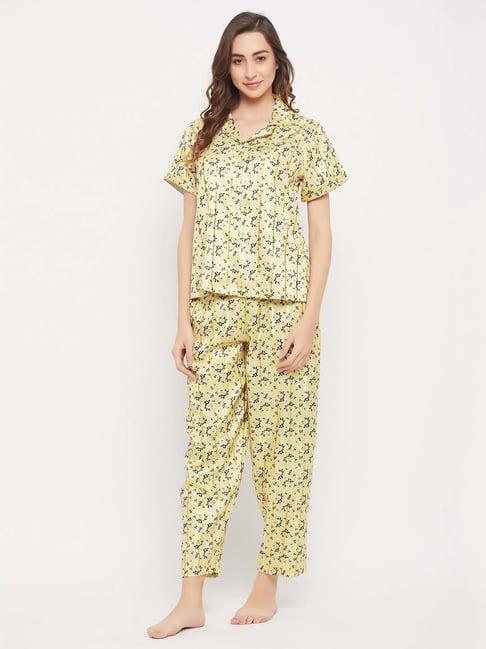 clovia yellow floral print shirt pyjamas set