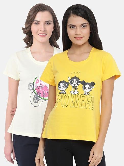clovia yellow graphic print t-shirt (pack of 2)