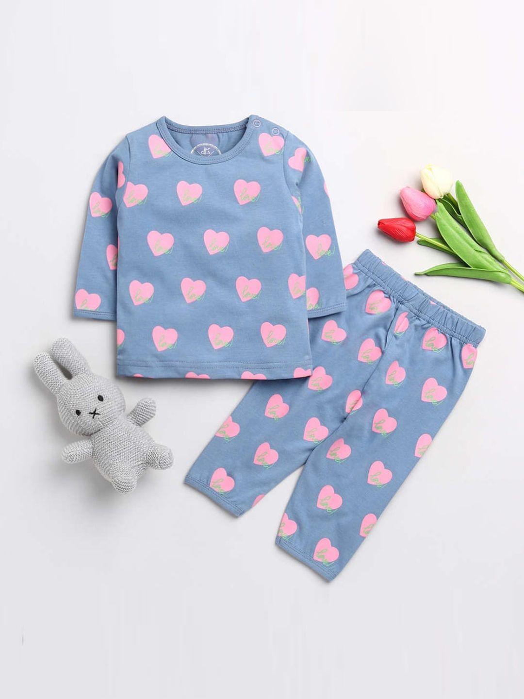 clt s unisex kids blue & pink pure cotton heart printed night suit