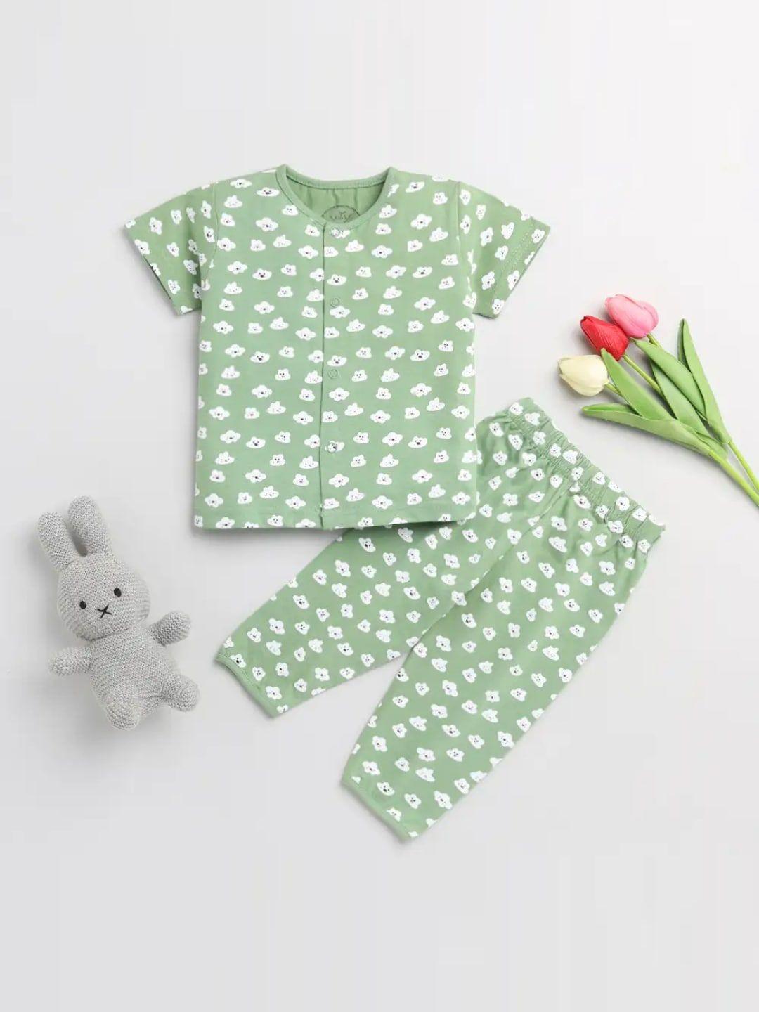 clt s unisex kids green printed night suit 100% cotton
