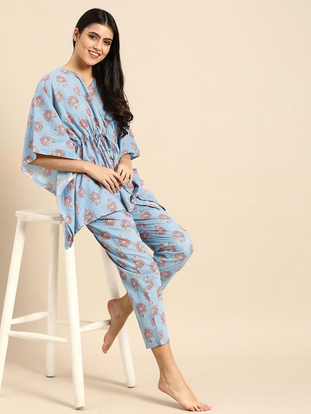 clt s women blue & maroon pure cotton ethnic motifs printed pyjama set