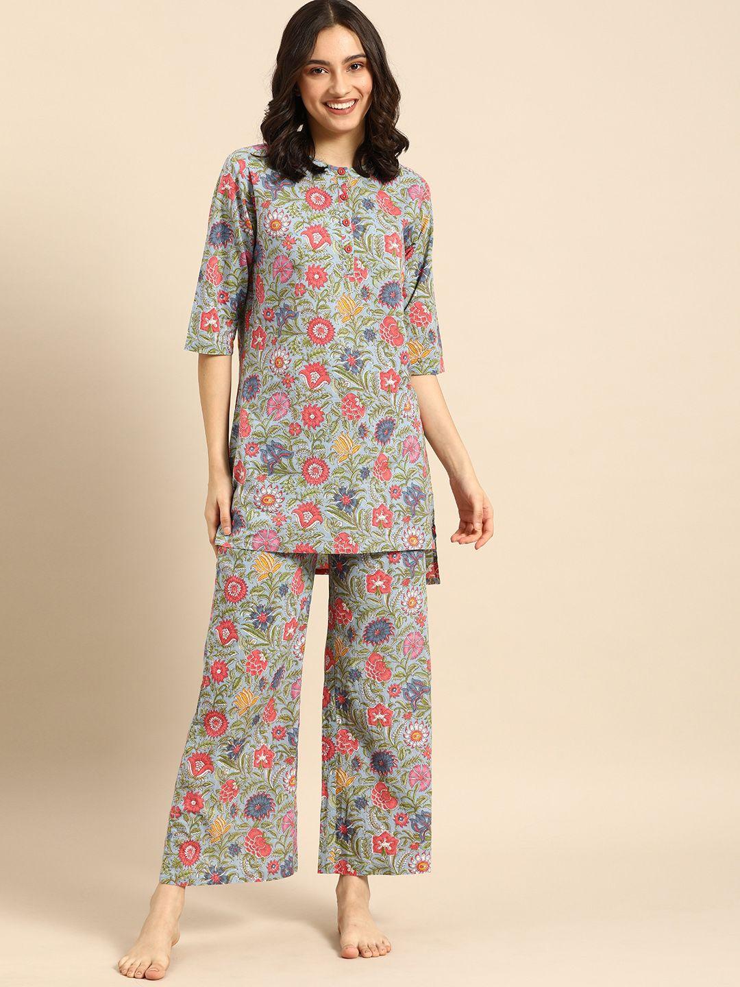 clt s women blue & pink printed cotton night suit