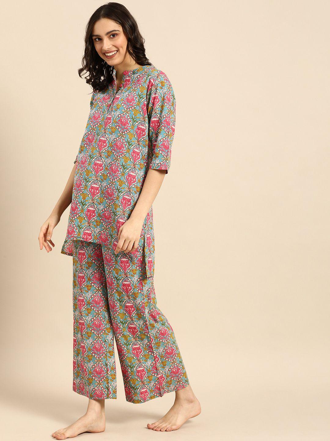 clt s women blue & pink pure cotton ethnic motifs printed pyjama set