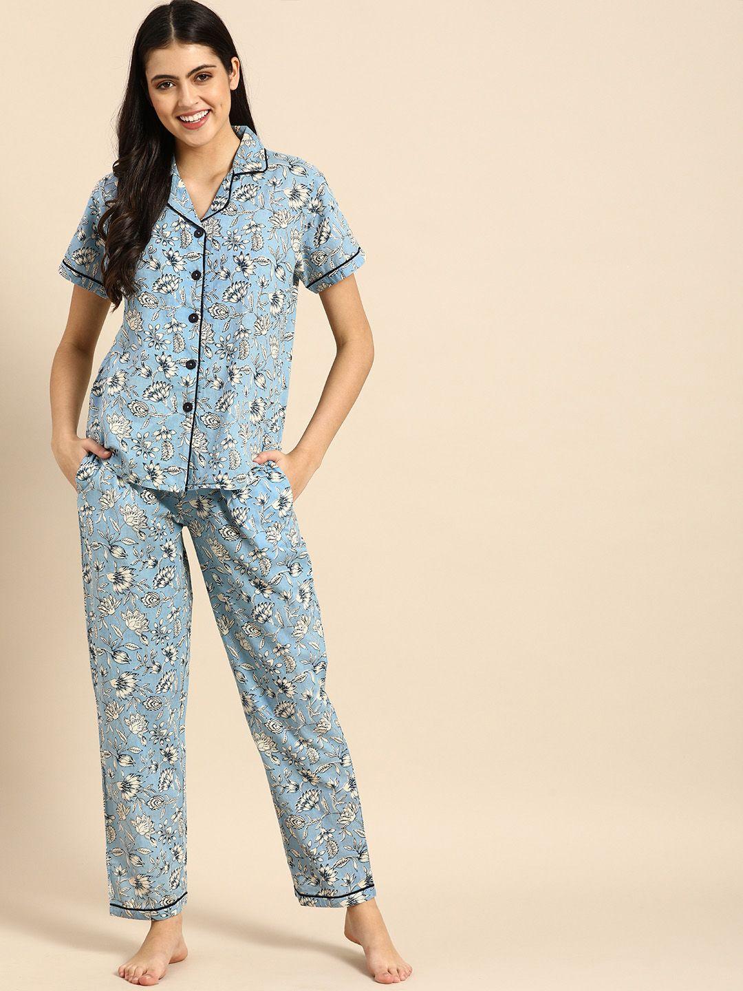 clt s women blue & white printed pure cotton pyjamas set