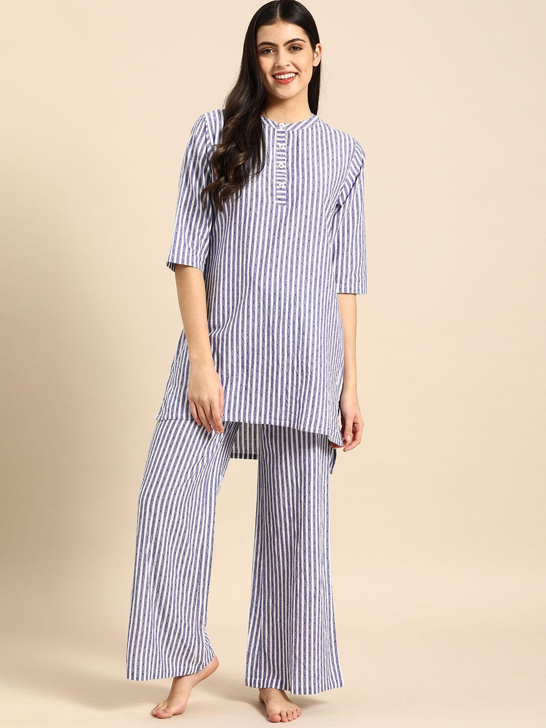 clt s women blue & white striped cotton night suit