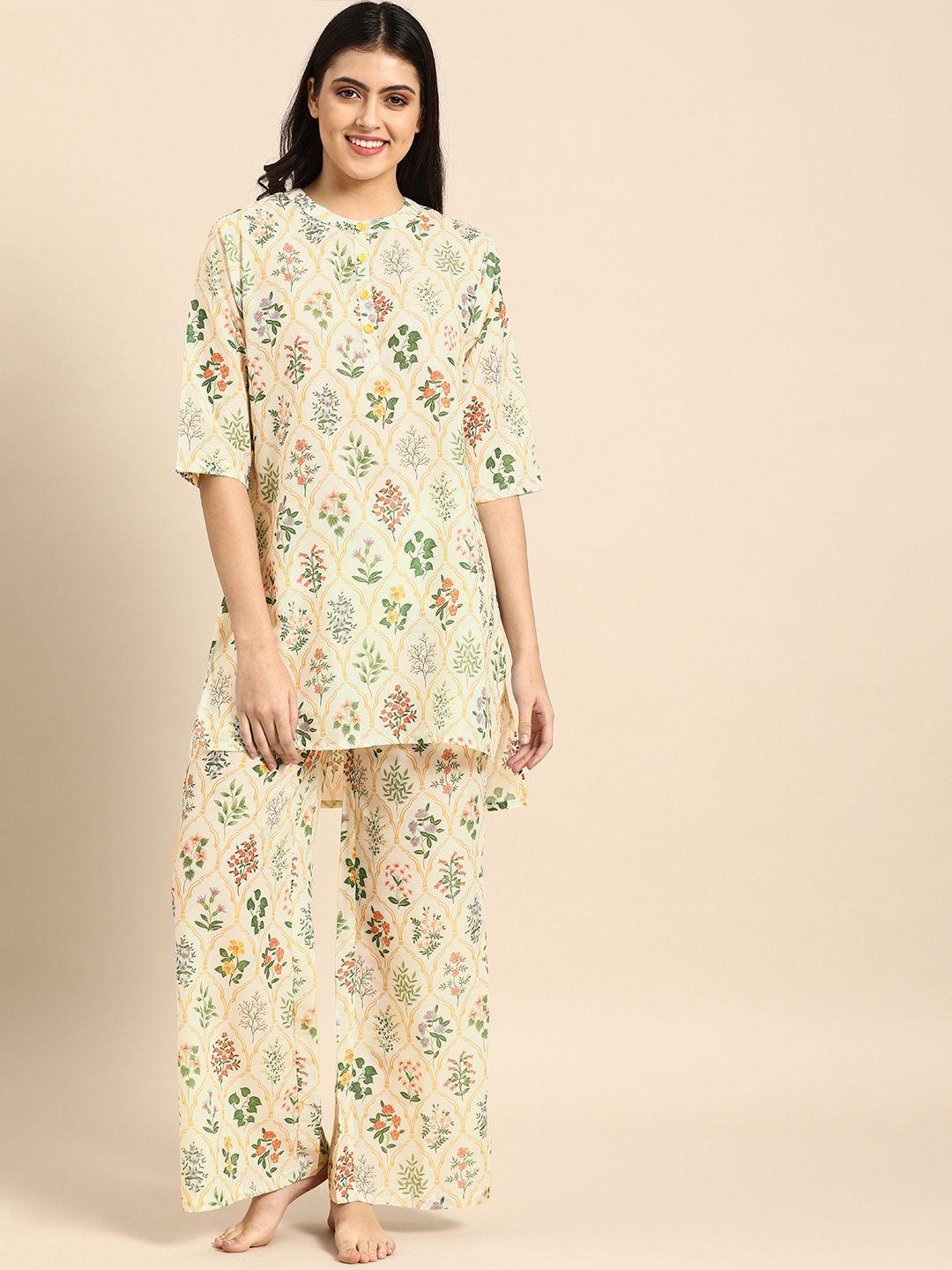 clt s women cream-coloured & green printed pyjamas set