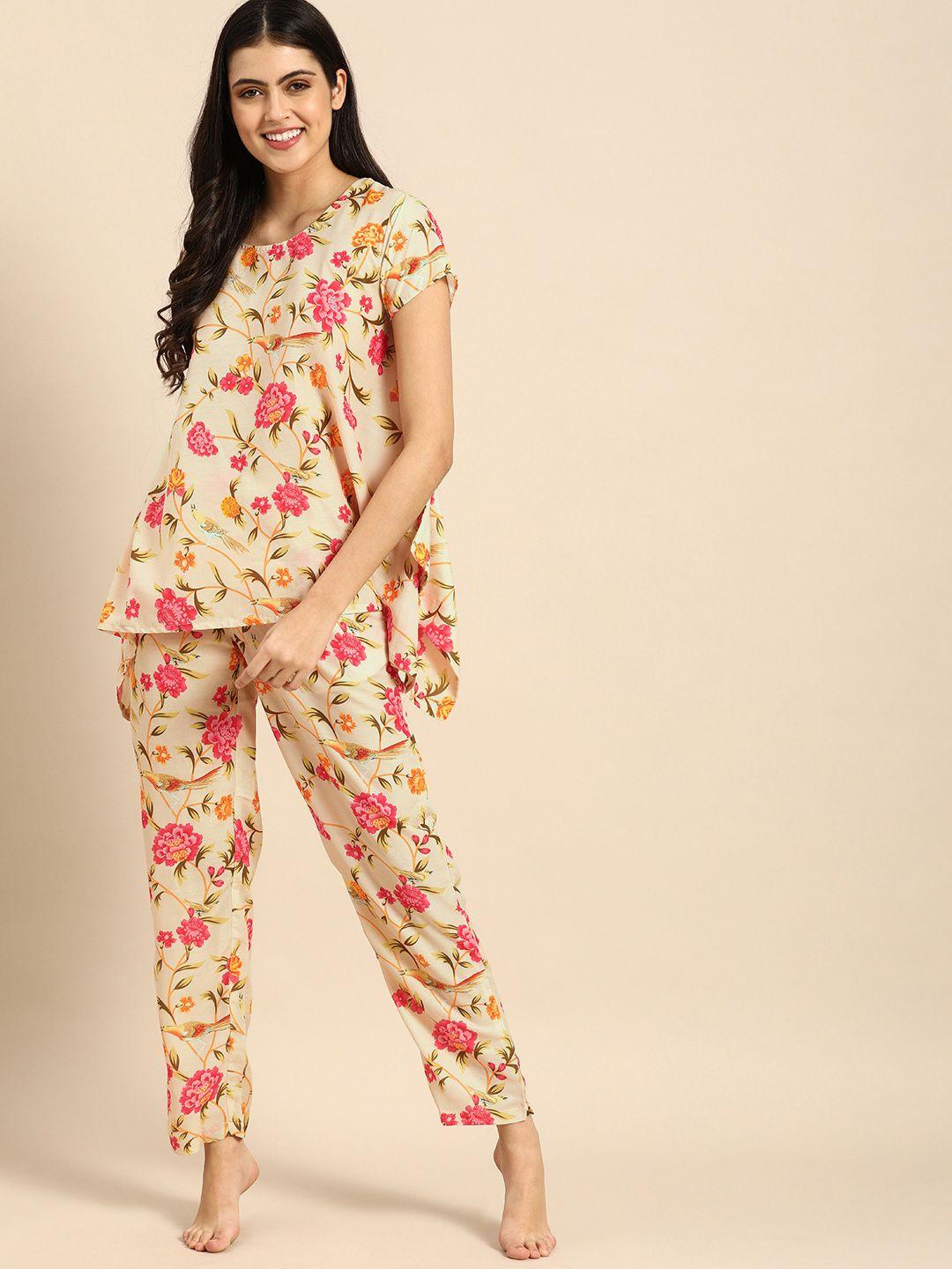 clt s women cream-coloured & pink printed pyjamas set