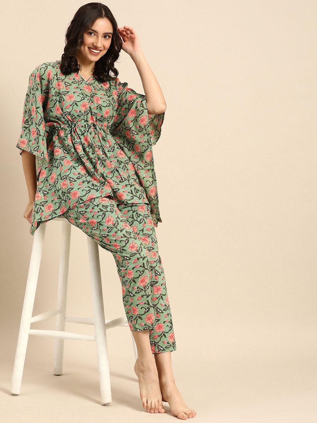clt s women green & coral orange pure cotton ethnic motifs printed pyjama set