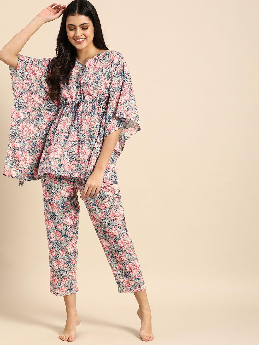 clt s women green & pink printed pure cotton pyjamas set