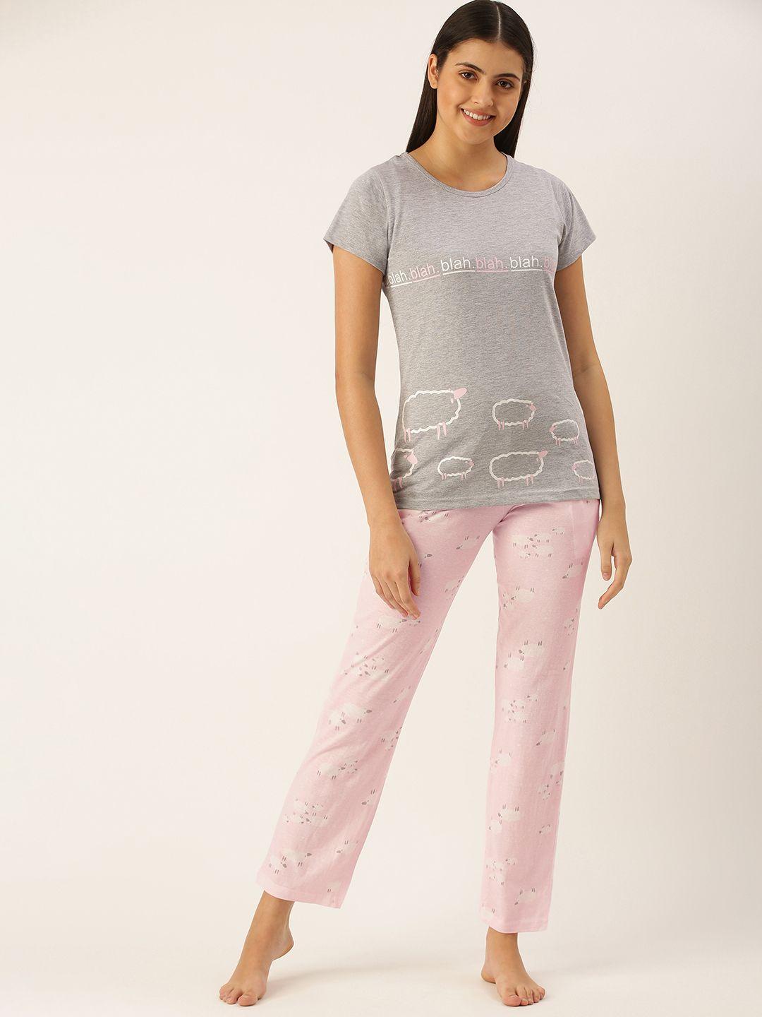 clt s women grey melange & pink pure cotton graphic printed pyjama set