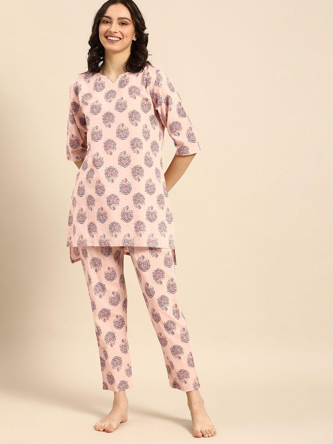 clt s women peach-coloured & blue printed pure cotton pyjamas set