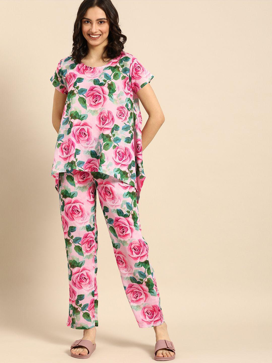 clt s women peach-coloured & green printed pyjamas set