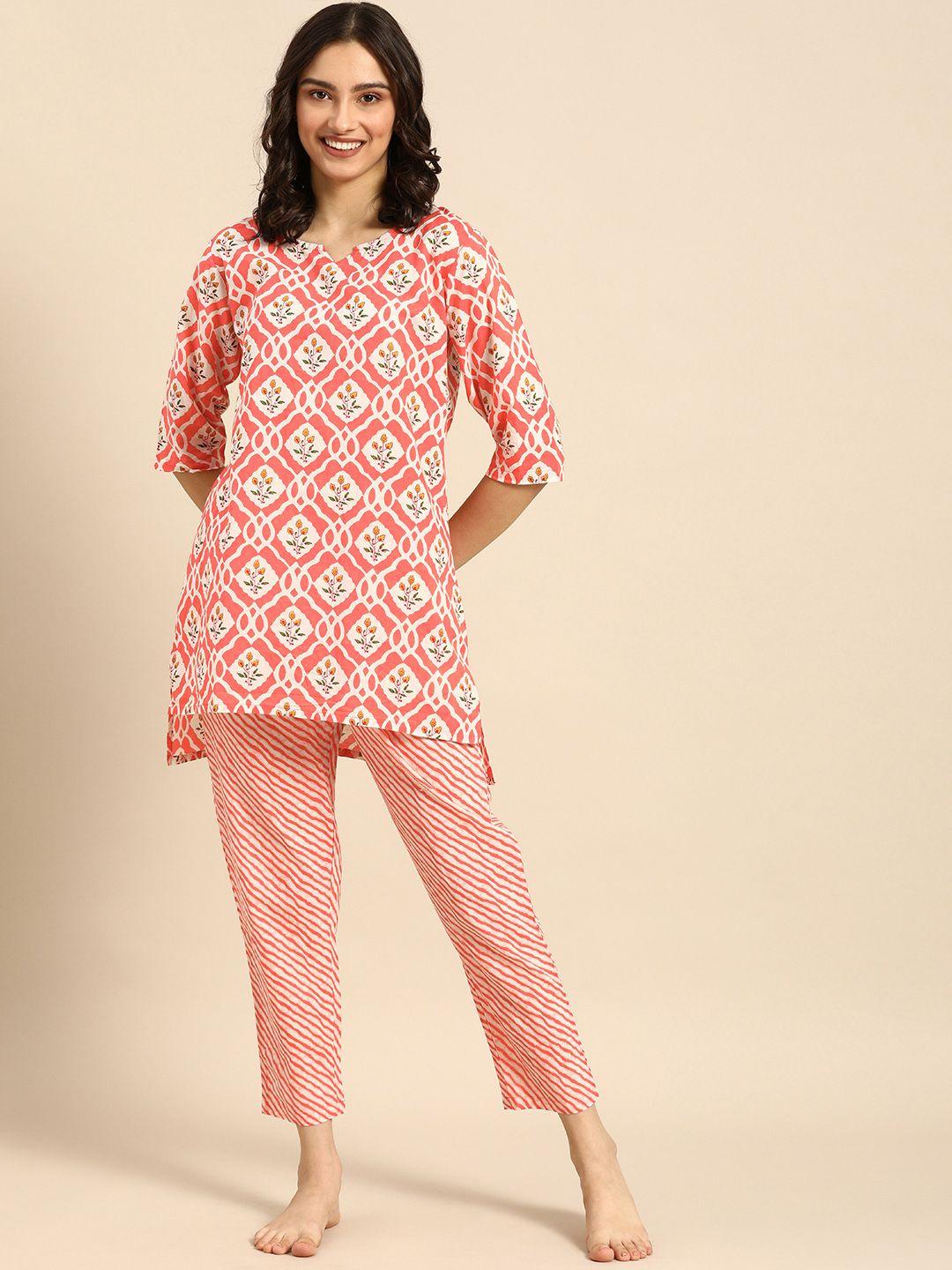 clt s women peach-coloured & white printed pure cotton pyjamas set