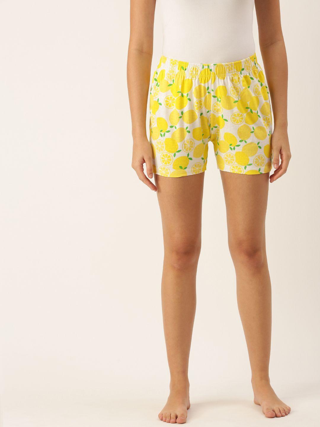 clt s women white & yellow pure cotton conversational printed lounge shorts