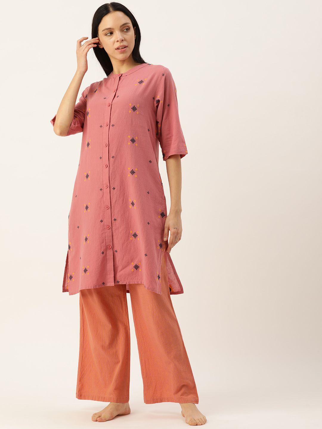 clt.s embroidered mandarin collar pure cotton night suit