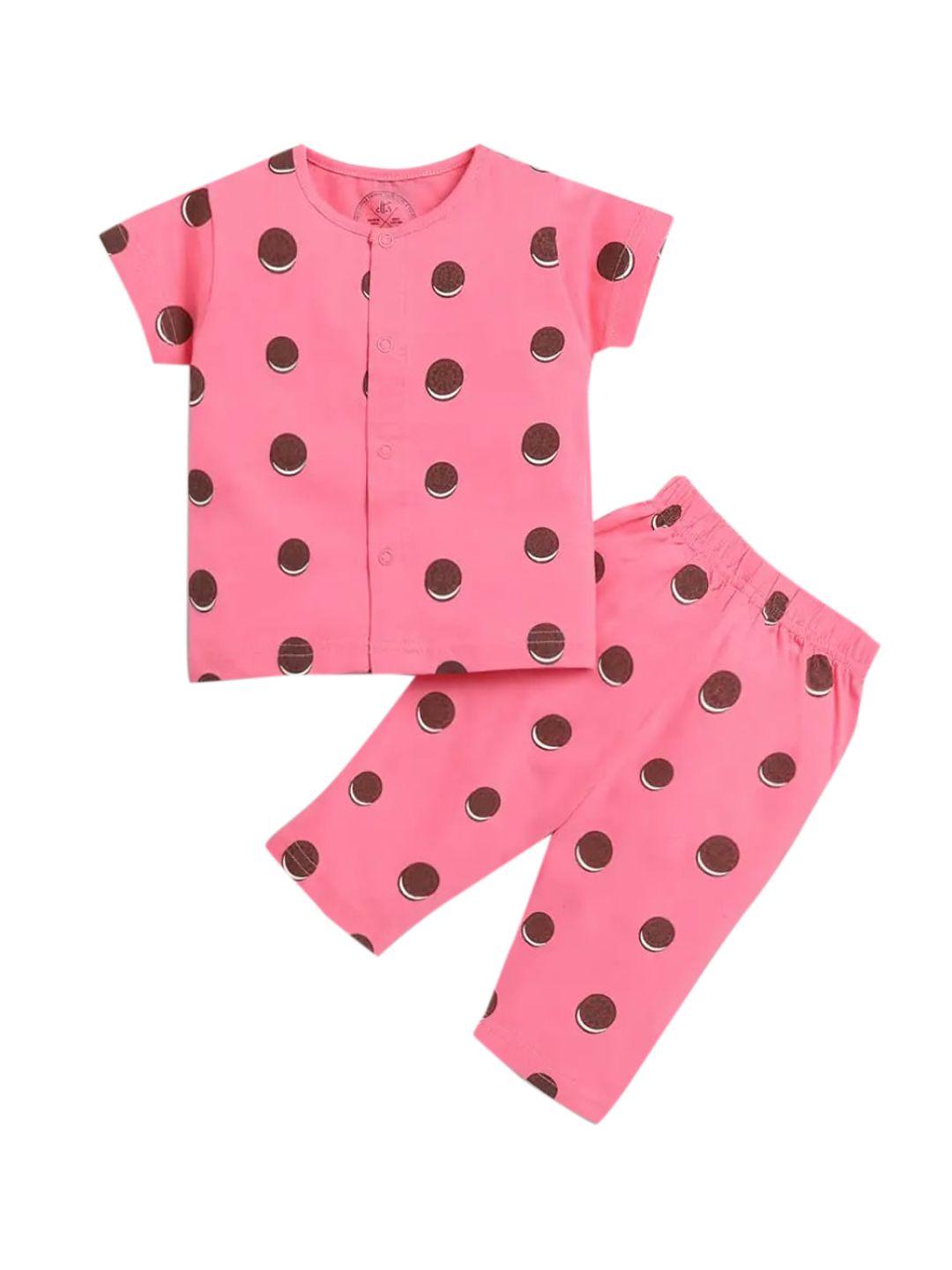 clt.s kids pink & brown printed cotton night suit