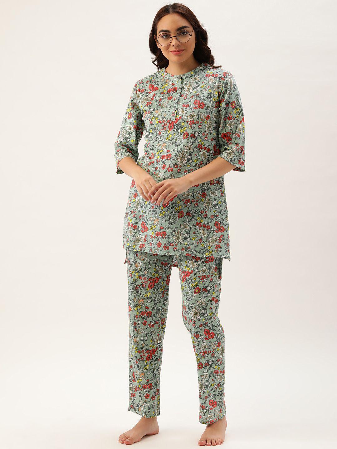 clt.s women green pure cotton floral print pyjama set