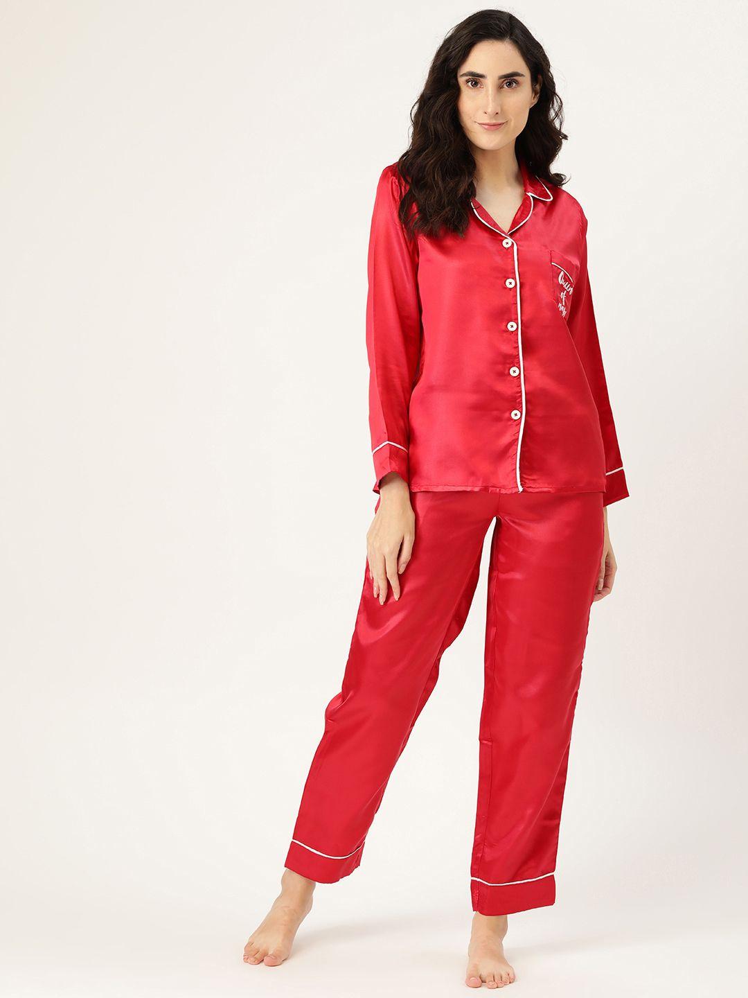 clt.s women red satin finish solid pyjama sets