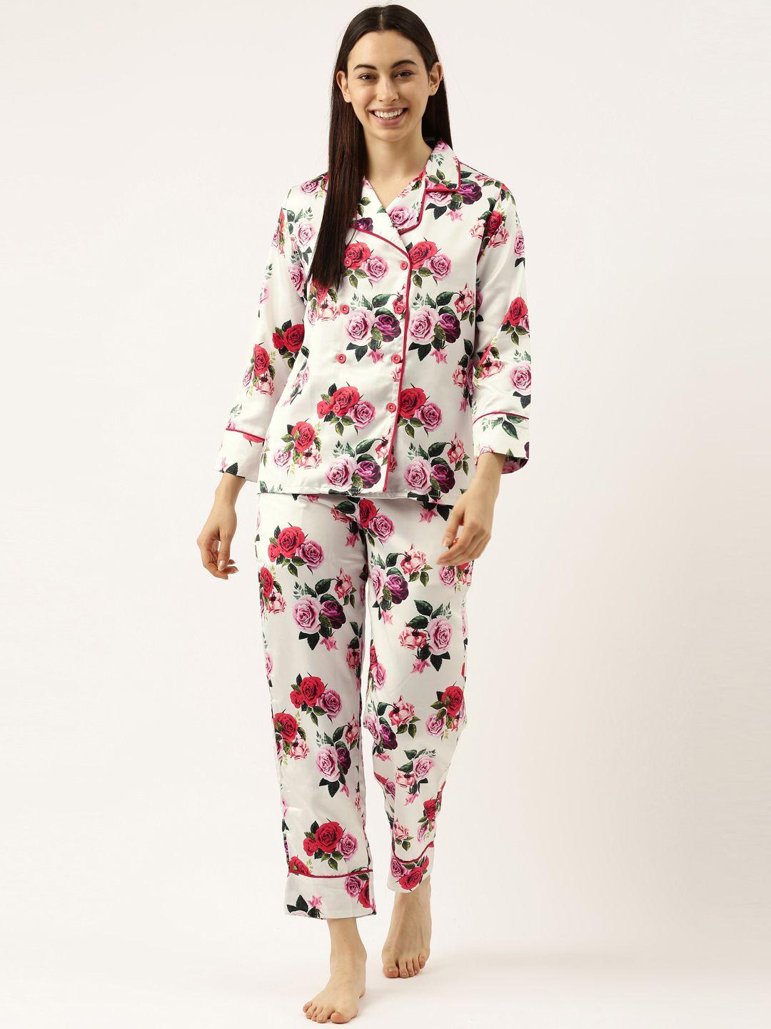 clt.s-women-white-&-red-floral-printed-night-suit