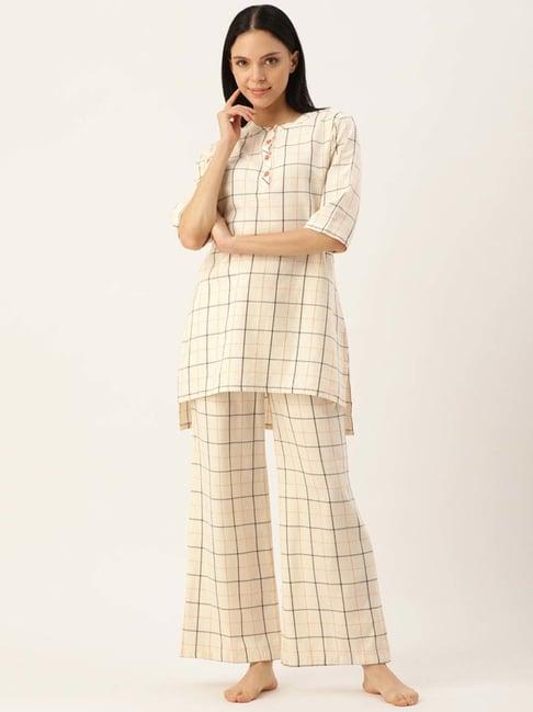 clt.s beige cotton chequered kurti palazzo set