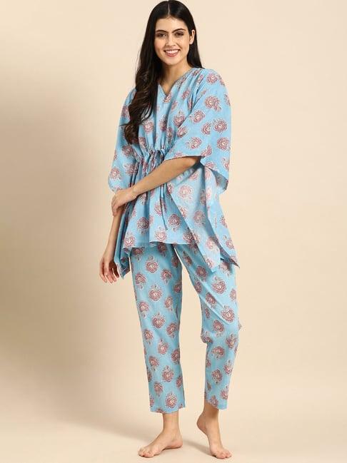 clt.s blue printed kaftan with pyjamas