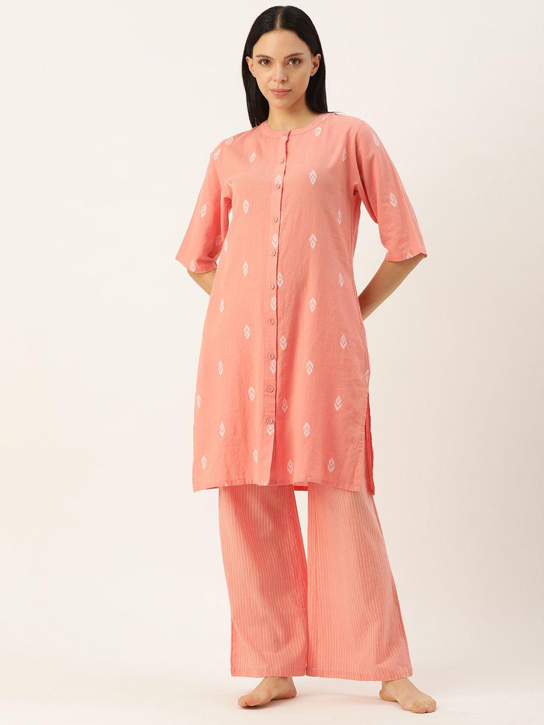 clt.s embroidered mandarin collar pure cotton night suit