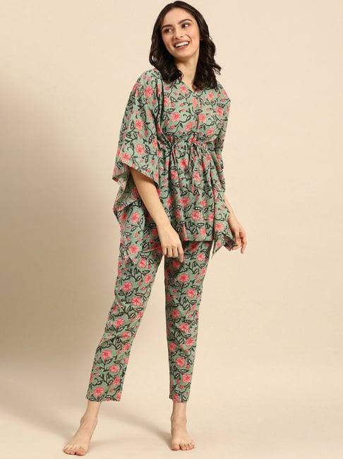 clt.s green printed kaftan with pyjamas